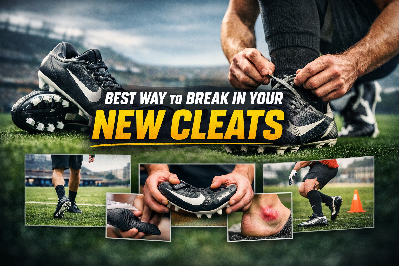 Football player tying black cleats on a turf field with bold text reading “Best Way to Break In Your New Cleats,” alongside images showing new cleats, flexing the sole, and on-field drills.