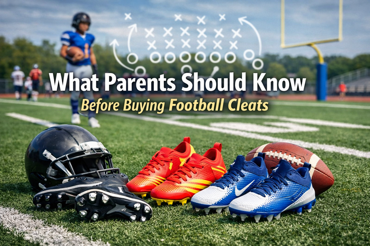 Header image showing multiple youth football cleats in different colors placed on a turf field, with a football and helmet beside them and a young player in the background, representing a parent’s guide to choosing the right football cleats.
