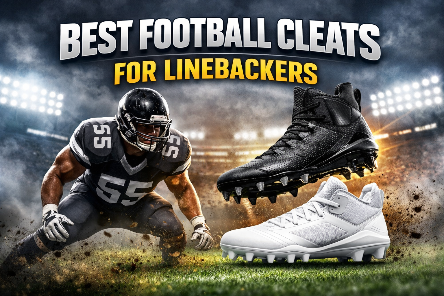 Promotional graphic showing a linebacker in action on a football field with two cleats displayed beside him, featuring bold text that reads “Best Football Cleats for Linebackers” against a stadium background.