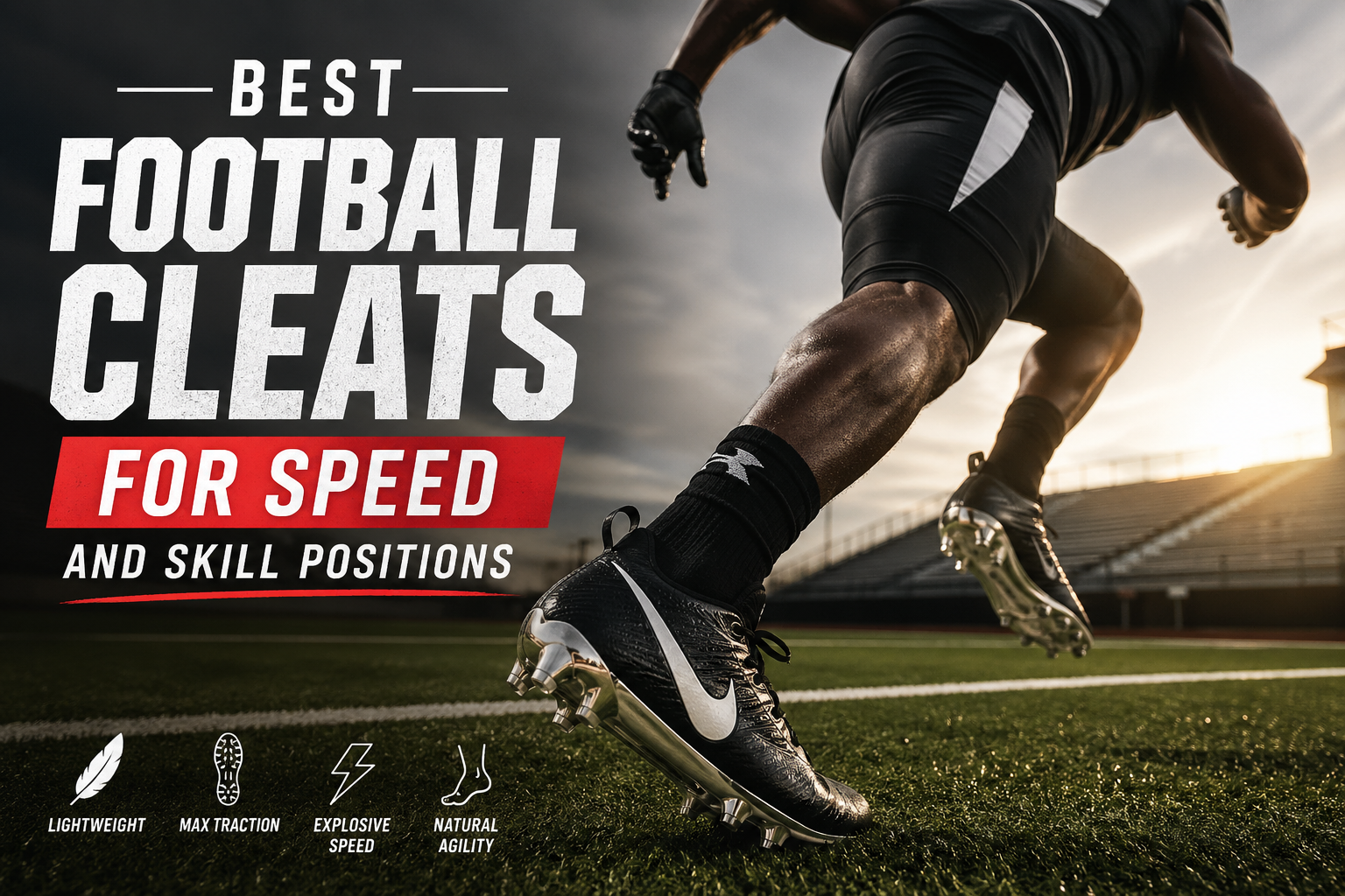 Football player sprinting on a field wearing black speed cleats, with bold text reading “Best Football Cleats for Speed and Skill Positions” and icons highlighting lightweight design, traction, explosive speed, and agility.