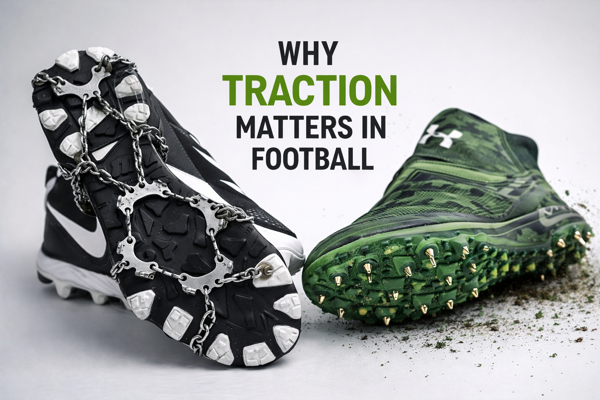 Football cleats comparison showing aggressive stud traction, with one cleat featuring metal spikes and another turf sole, highlighting grip and field performance