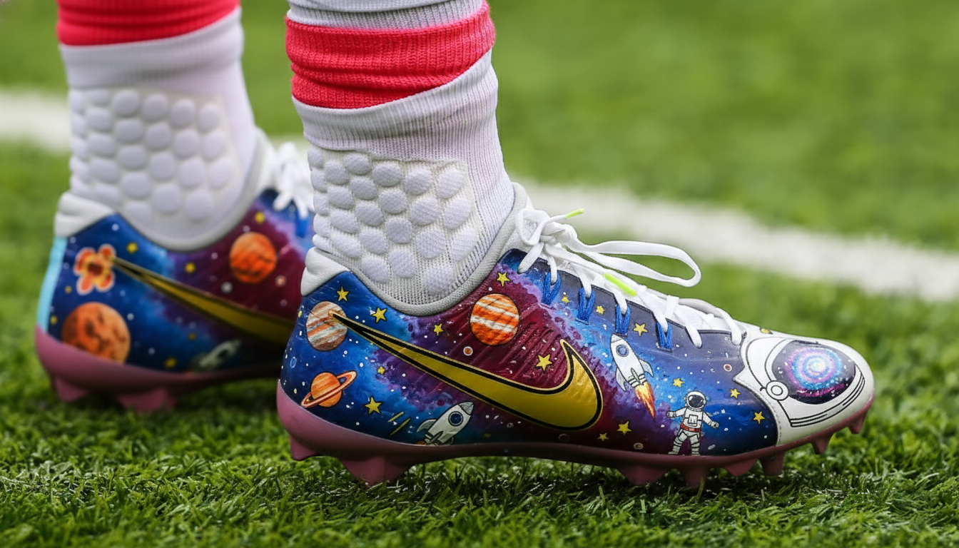 Custom football cleats with a colorful space galaxy design featuring planets, rockets, stars, and an astronaut, worn on a grass field during a game.