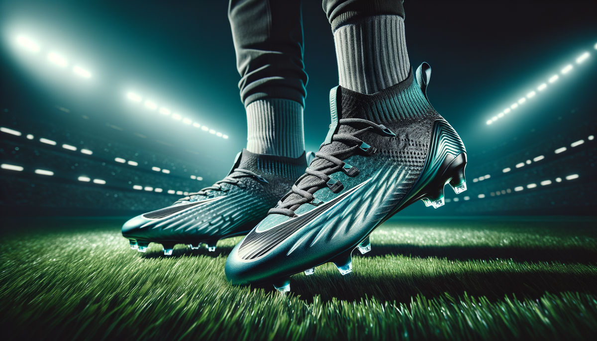 close-up of premium football cleats on turf under bright stadium lights