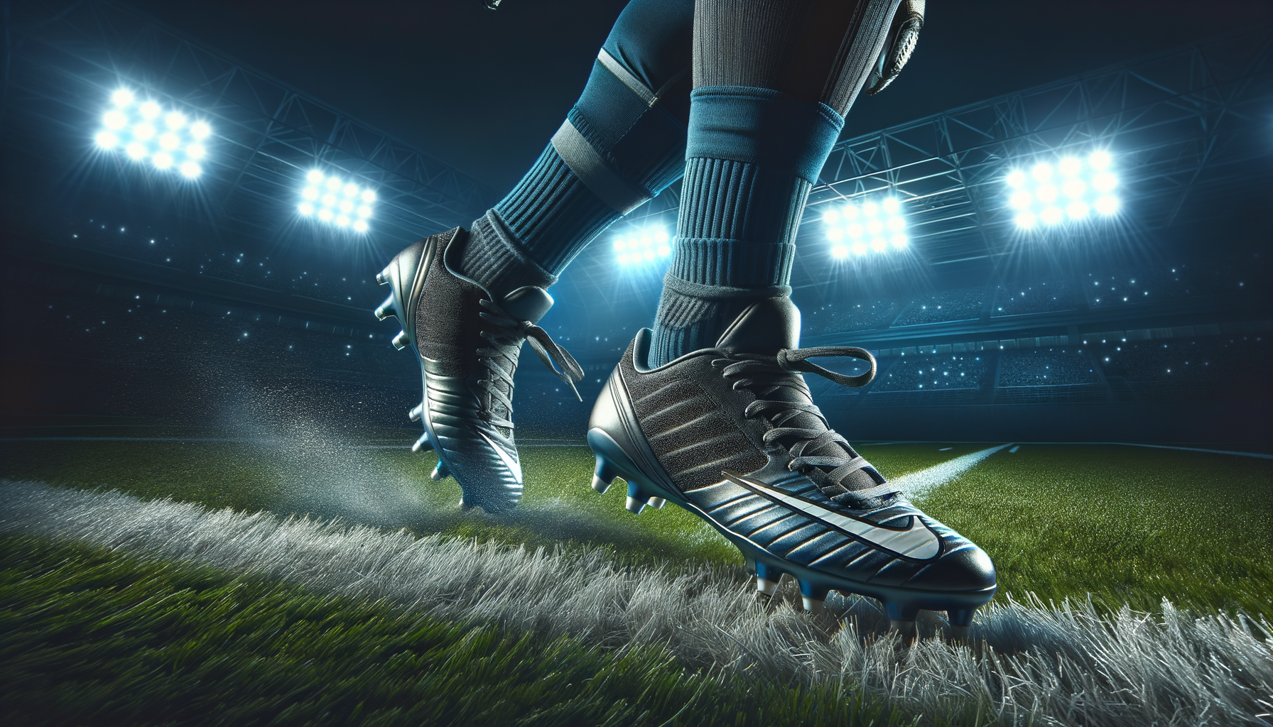 close-up of sleek football cleats kicking turf under bright stadium lights