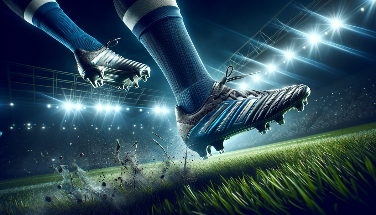 close-up of stylish football cleats in motion on vibrant green turf