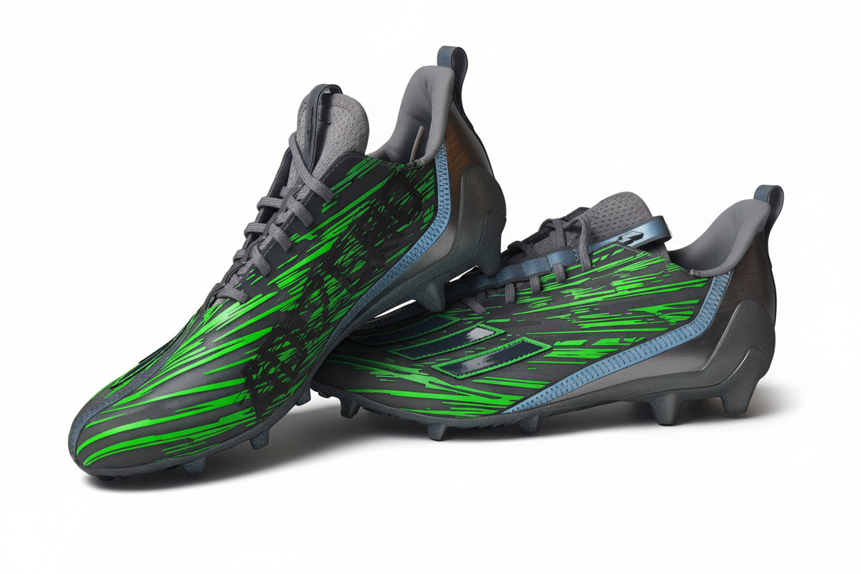 Pair of Adidas Adizero Flash football cleats in silver and green, shown from a side angle on a light gray background.