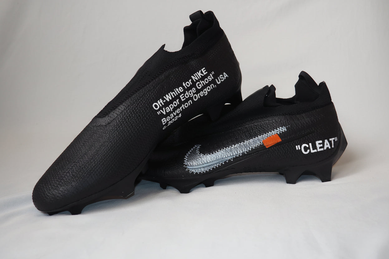 Nike Vapor Edge Ghost Custom Off-White football cleats in black with Off-White style branding shown on a light background
