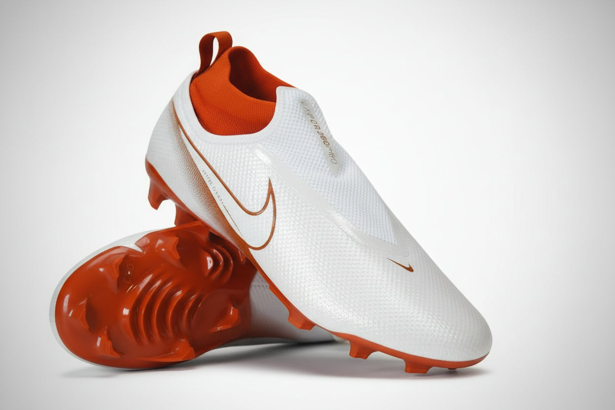 Nike Vapor Pro 360 Flyknit Texas Player Exclusive football cleats showing top view and outsole traction pattern