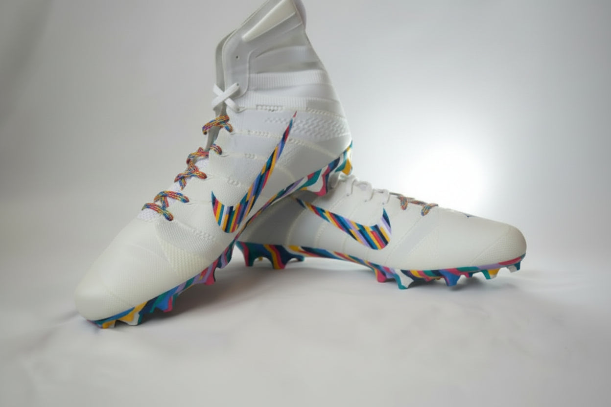 Nike Vapor Untouchable 3 Elite Crucial Catch football cleats in white with multicolor outsole shown on a light background