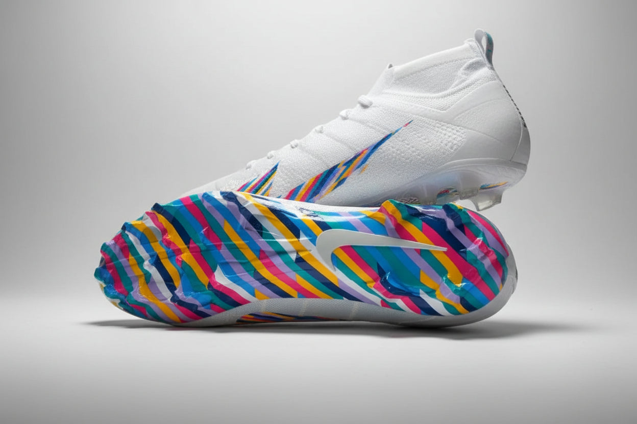 Nike Vapor Untouchable 3 Elite Crucial Catch football cleats showing top view and multicolor outsole