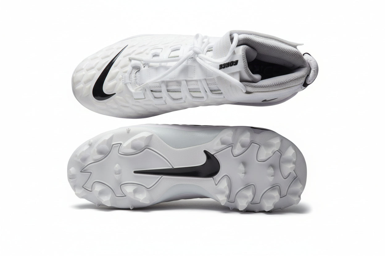 Top and sole view of white Nike Force Savage Pro 2 football cleats with black swoosh logos, shown on a light gray background.