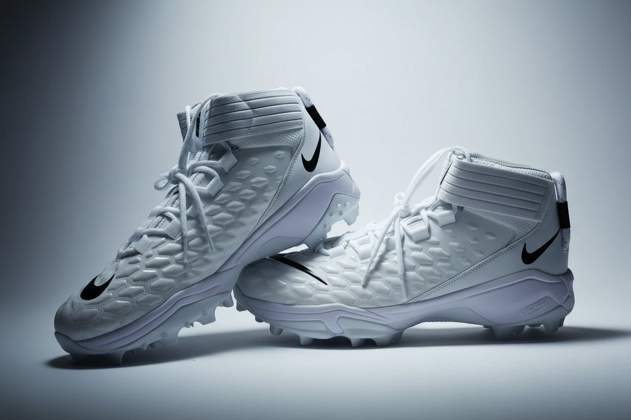 White Nike Force Savage Pro 2 football cleats with high-cut ankle strap and textured upper, shown on a light gray background.