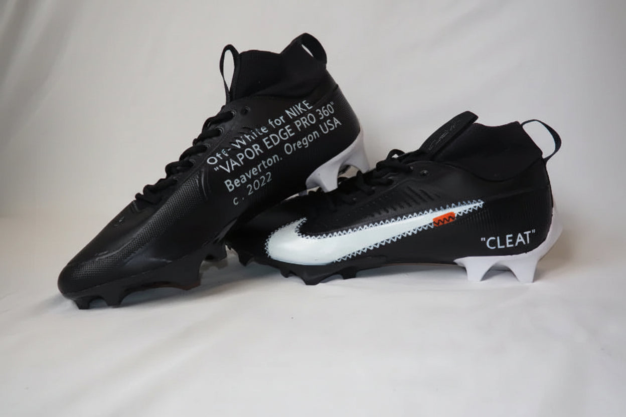Nike Vapor Edge Pro 360 Custom Off-White football cleats in black and white shown on a light background