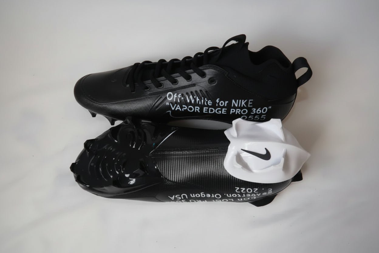 Nike Vapor Edge Pro 360 Custom Off-White football cleats showing top view and outsole on a light background